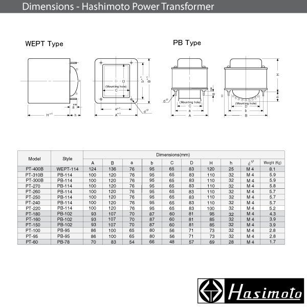 Transformateur Hashimoto PT-100U (240V) Pour Tubes - 280V-250V-0-250V-280V, Neuf